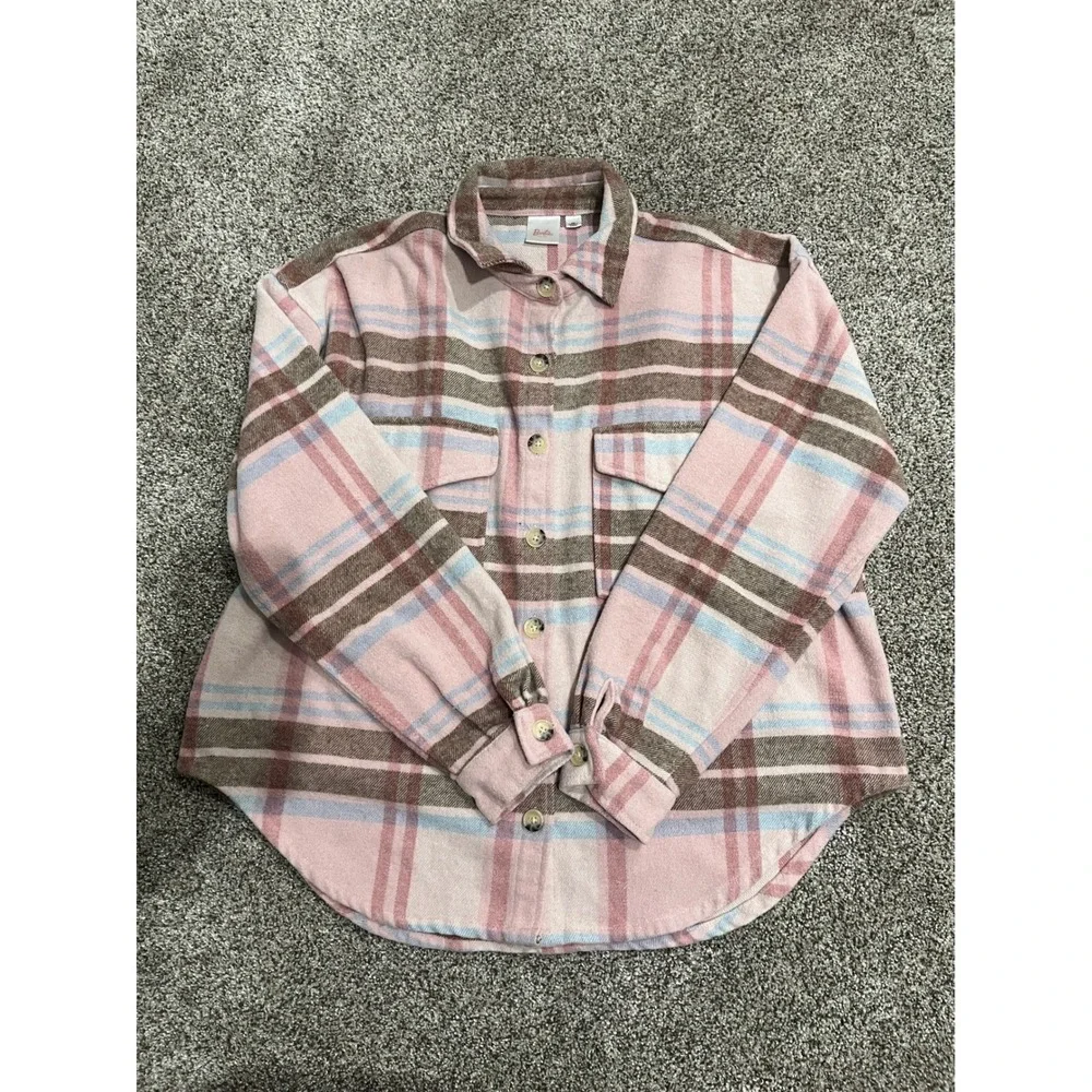 Barbie Movie Pink Plaid Flannel Shacket Button Up Jacket Logo Back Womens Medium
